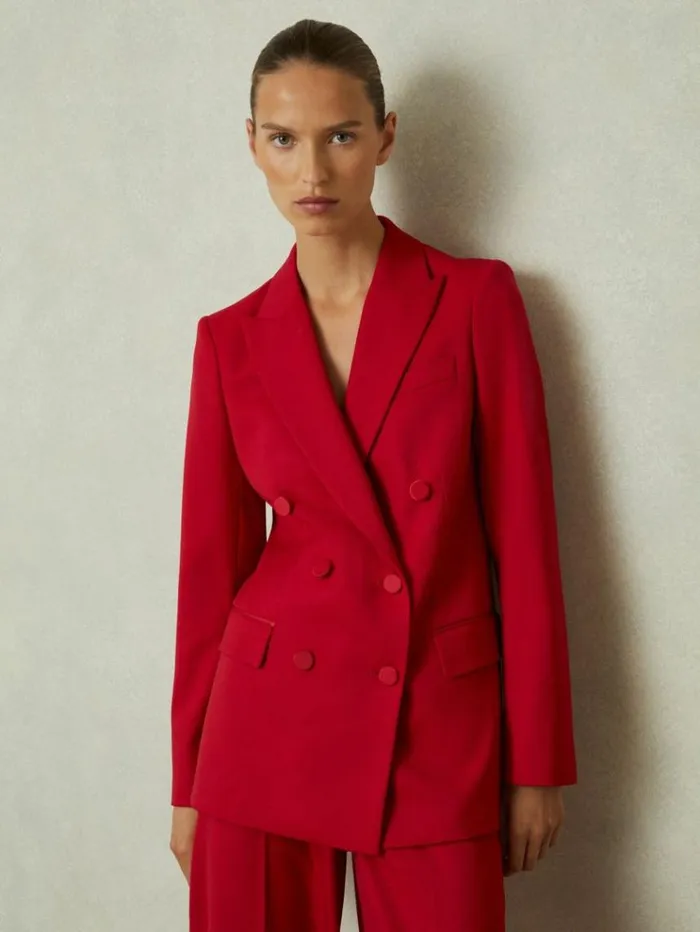 REISS Suits and Tailoring Women Wool Blend Double Breasted Tux Blazer Red