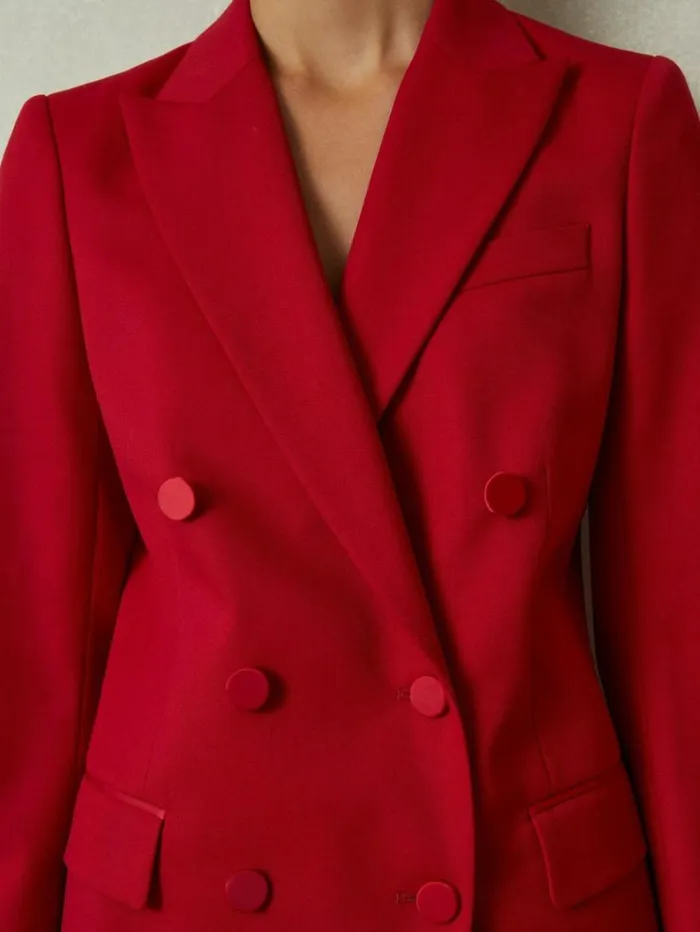 REISS Suits and Tailoring Women Wool Blend Double Breasted Tux Blazer Red