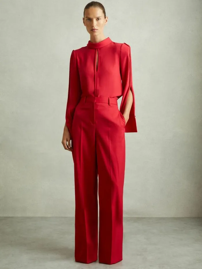 REISS Suits and Tailoring Women Wool Blend Wide Leg Trousers Red