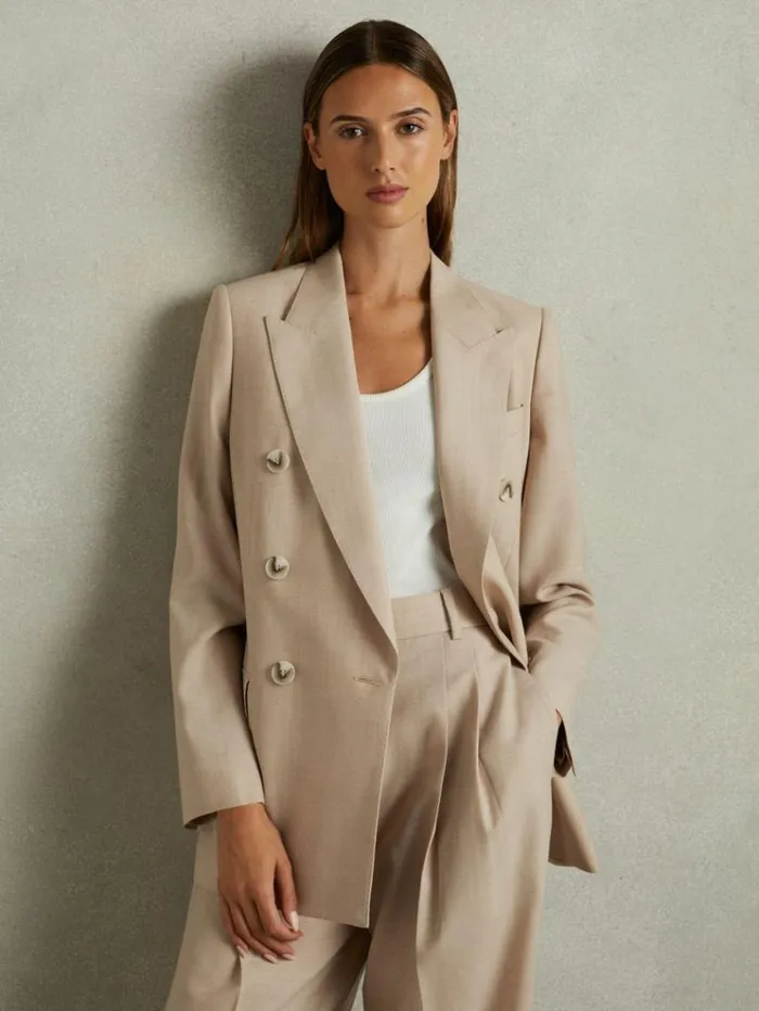 REISS Suits and Tailoring Women Wool Double Breasted Suit Blazer Neutral