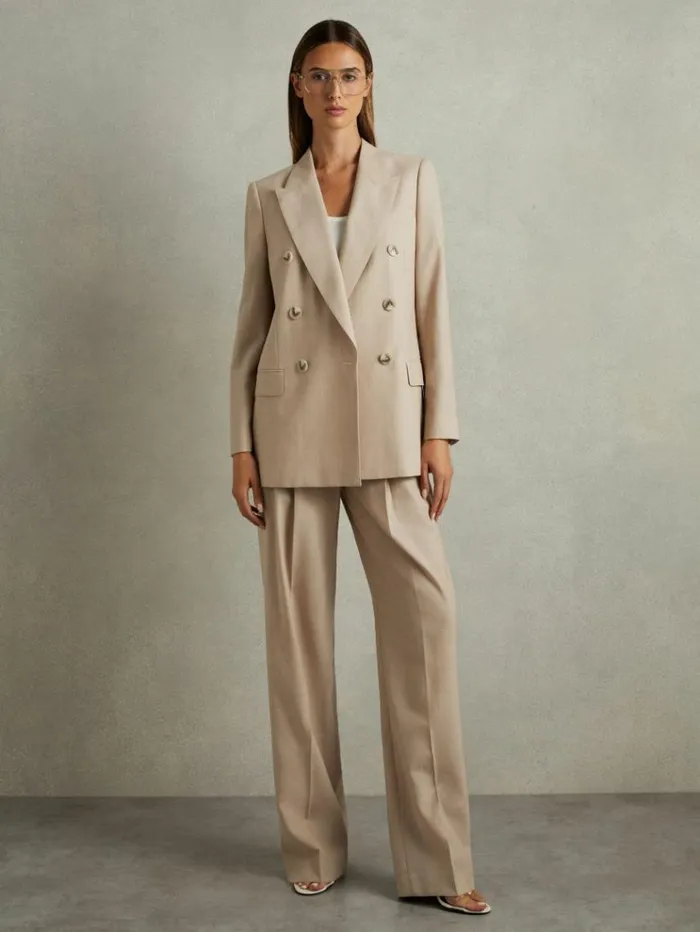 REISS Suits and Tailoring Women Wool Double Breasted Suit Blazer Neutral