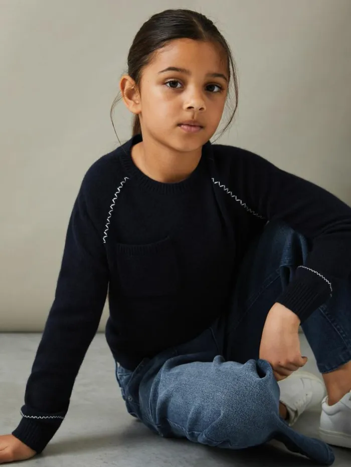 REISS Sweaters Children Contrast Stitch Wool Blend Crew Neck Jumper Navy