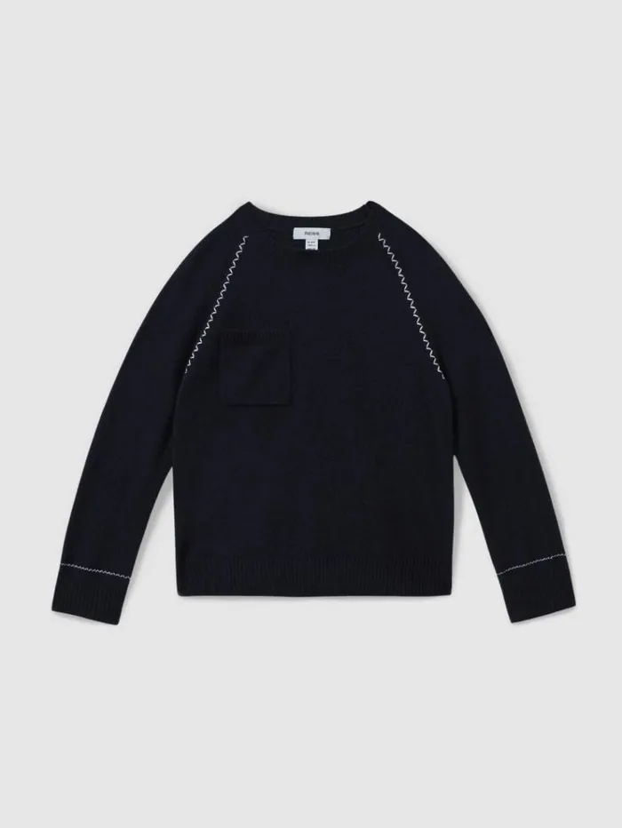 REISS Sweaters Children Contrast Stitch Wool Blend Crew Neck Jumper Navy