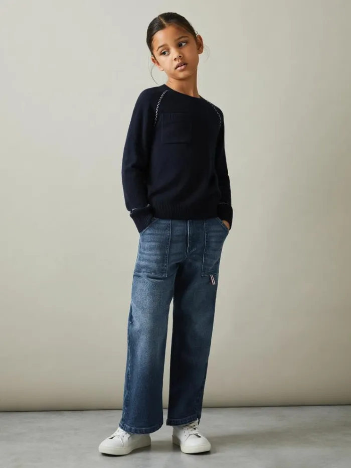 REISS Sweaters Children Contrast Stitch Wool Blend Crew Neck Jumper Navy