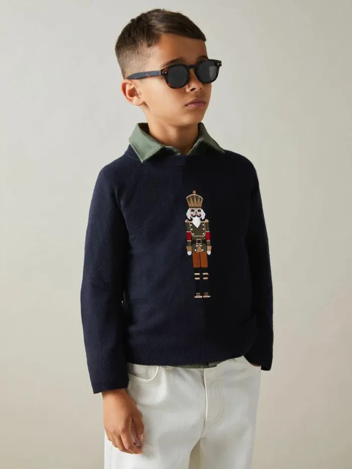 REISS Sweaters Children Intarsia Knit Nutcracker Jumper Navy