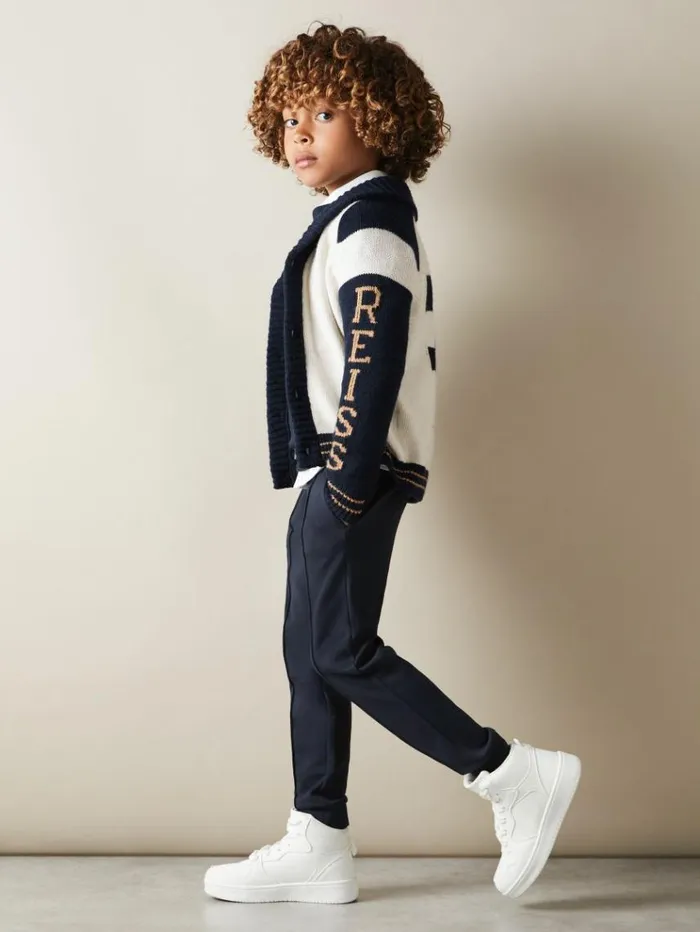 REISS Sweaters Children Knitted Varsity Cardigan Off Whitenavy