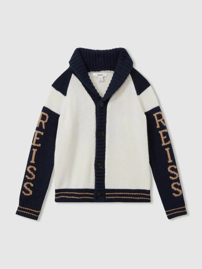 REISS Sweaters Children Knitted Varsity Cardigan Off Whitenavy