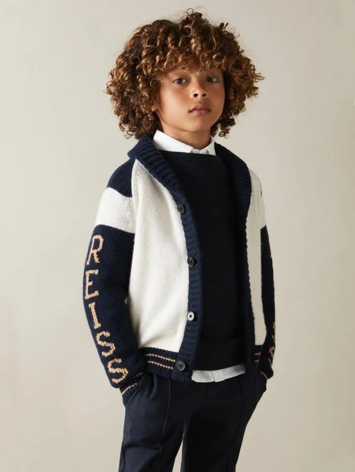 REISS Sweaters Children Knitted Varsity Cardigan Off Whitenavy