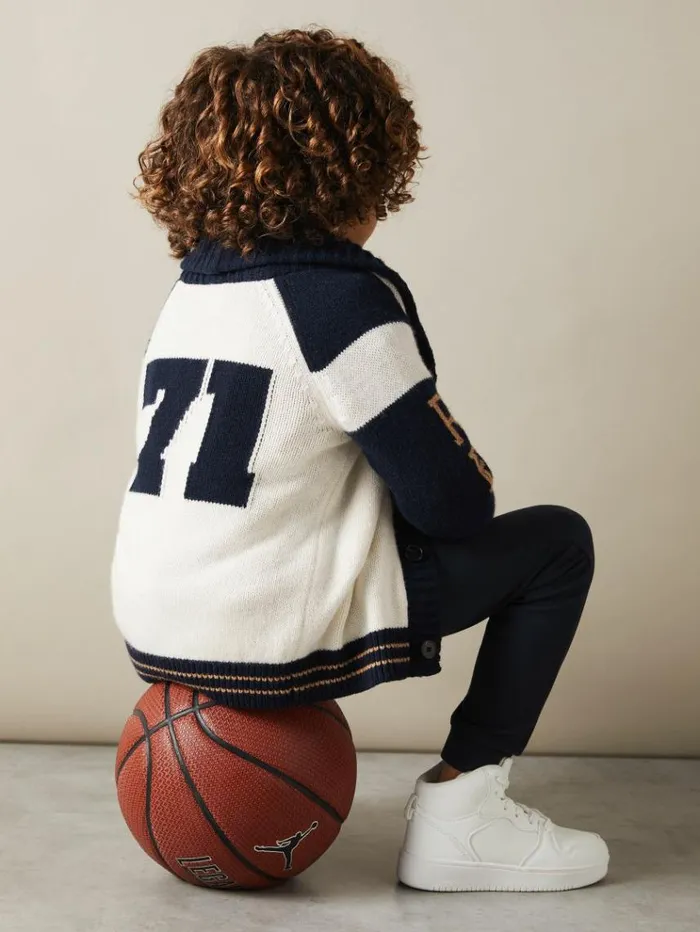 REISS Sweaters Children Knitted Varsity Cardigan Off Whitenavy