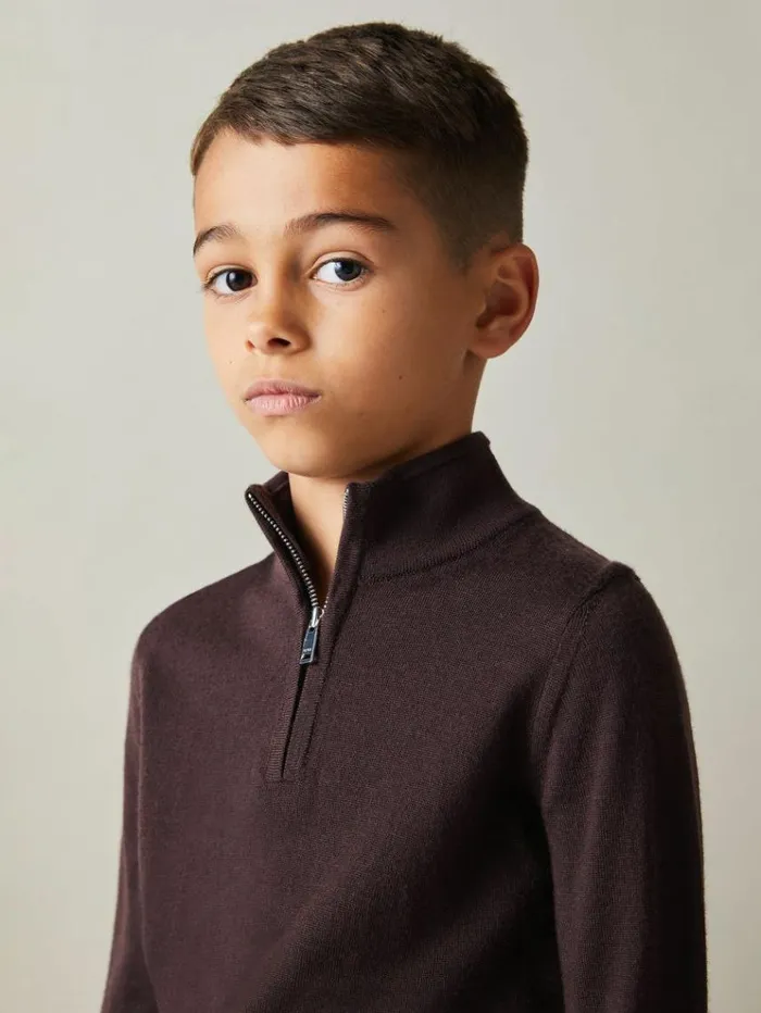 REISS Sweaters Children Merino Wool HalfZip Funnel Neck Jumper Dark Bordeaux