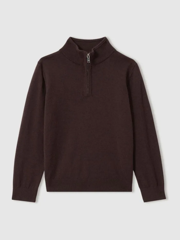 REISS Sweaters Children Merino Wool HalfZip Funnel Neck Jumper Dark Bordeaux