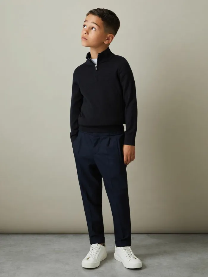 REISS Sweaters Children Merino Wool HalfZip Funnel Neck Jumper Navy