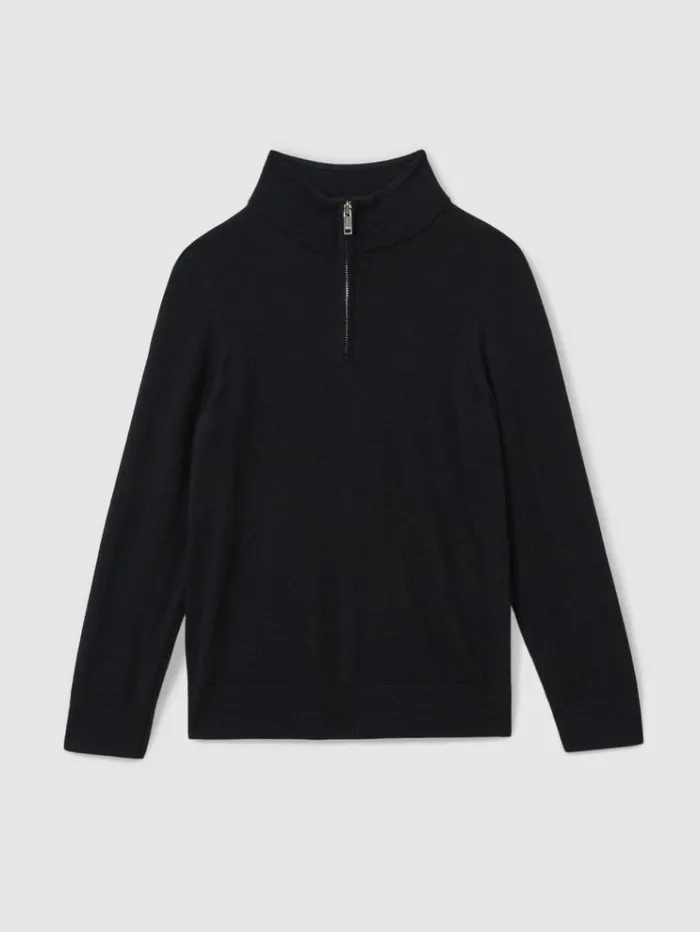 REISS Sweaters Children Merino Wool HalfZip Funnel Neck Jumper Navy