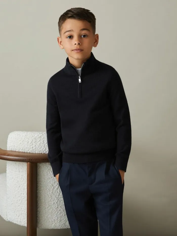 REISS Sweaters Children Merino Wool HalfZip Funnel Neck Jumper Navy