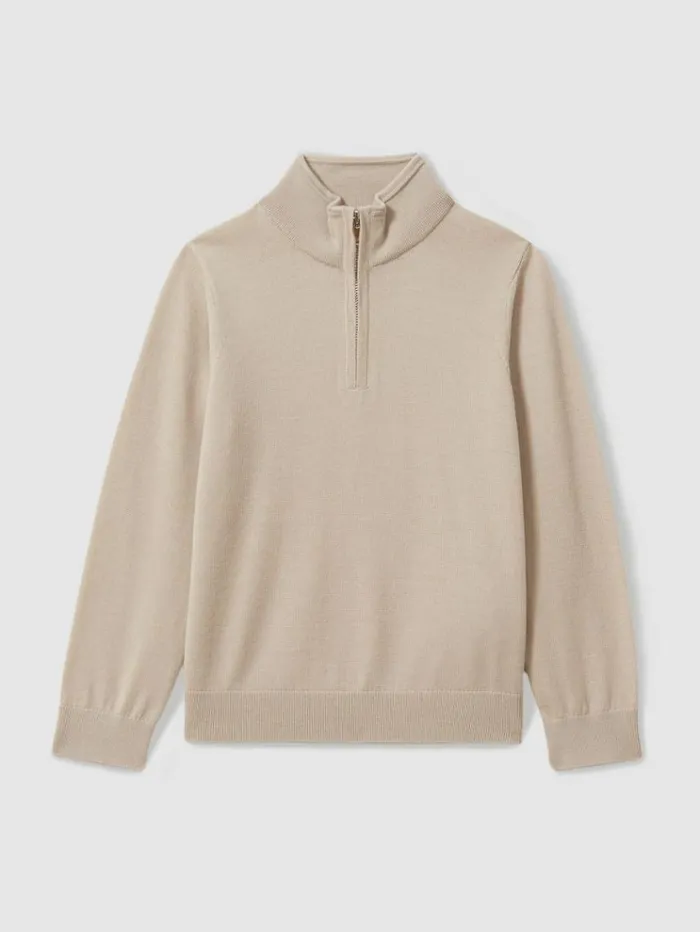 REISS Sweaters Children Merino Wool HalfZip Funnel Neck Jumper Washed Stone