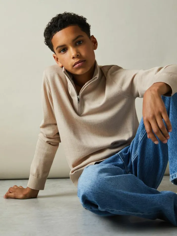 REISS Sweaters Children Merino Wool HalfZip Funnel Neck Jumper Washed Stone