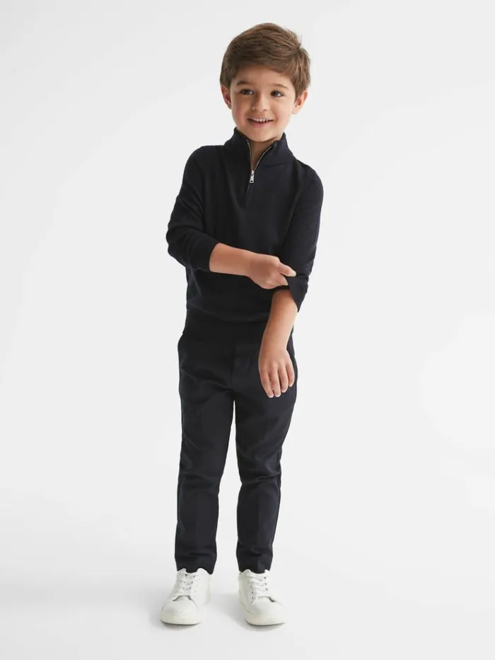 REISS Sweaters Children Merino Wool Zip Neck Jumper Navy