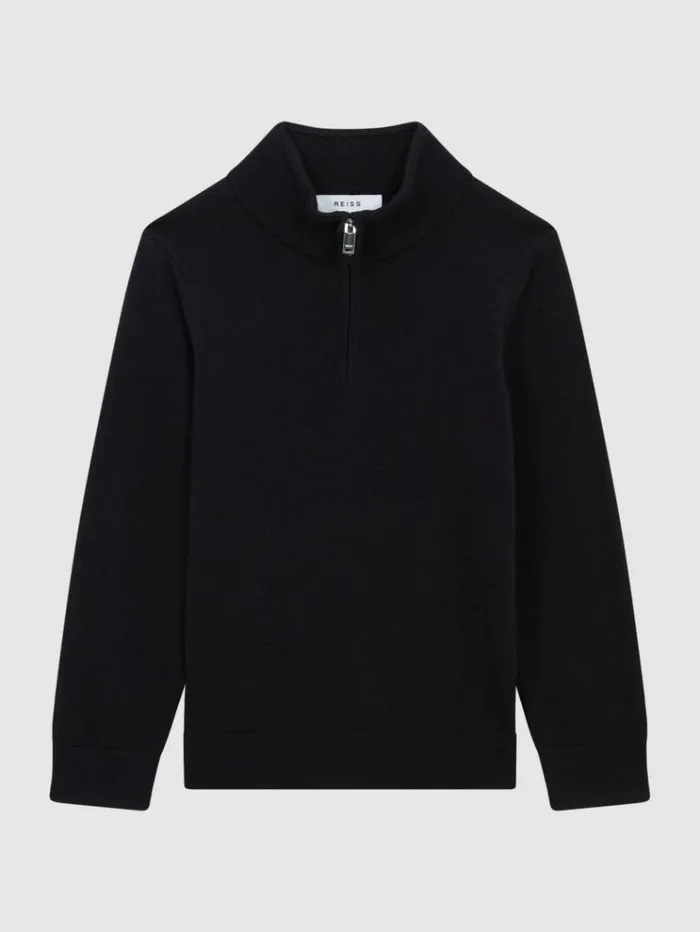 REISS Sweaters Children Merino Wool Zip Neck Jumper Navy