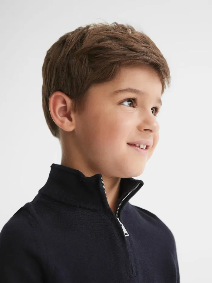 REISS Sweaters Children Merino Wool Zip Neck Jumper Navy