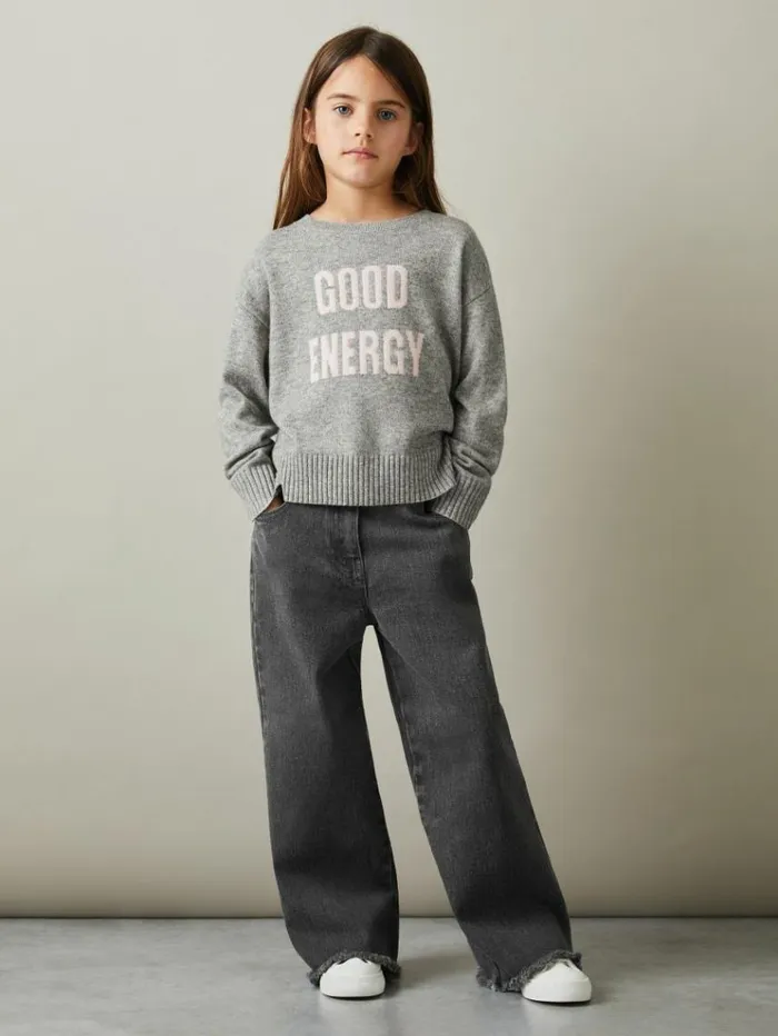 REISS Sweaters Children Wool Blend Crew Neck Slogan Jumper Grey