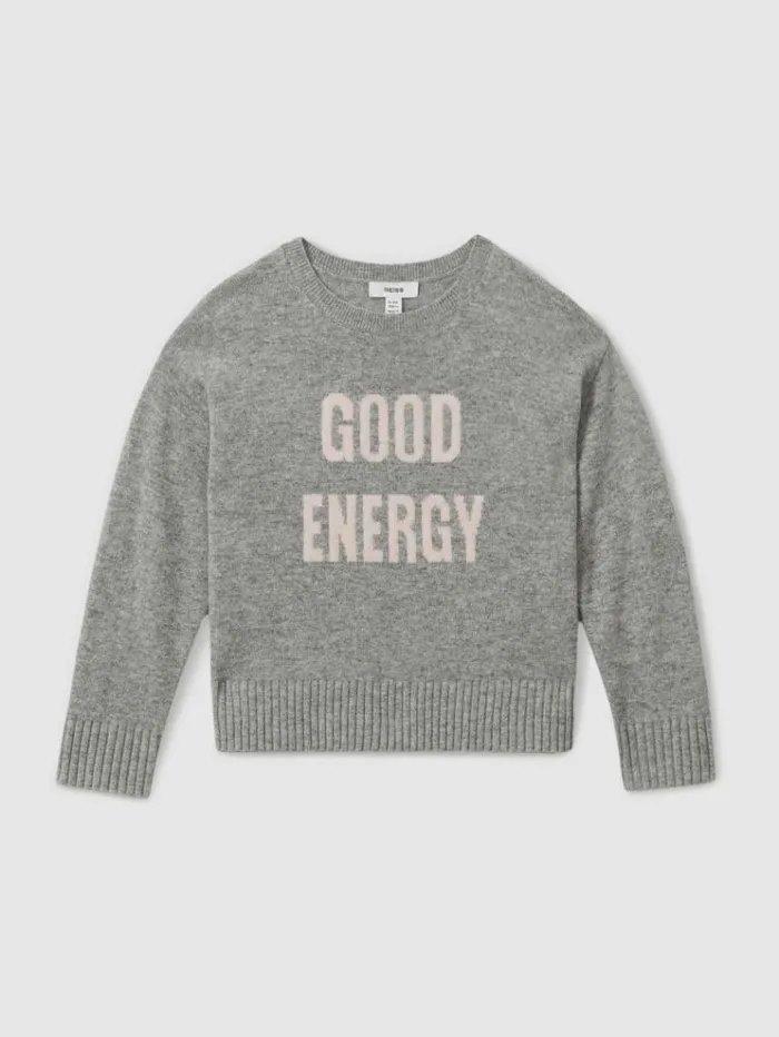 REISS Sweaters Children Wool Blend Crew Neck Slogan Jumper Grey