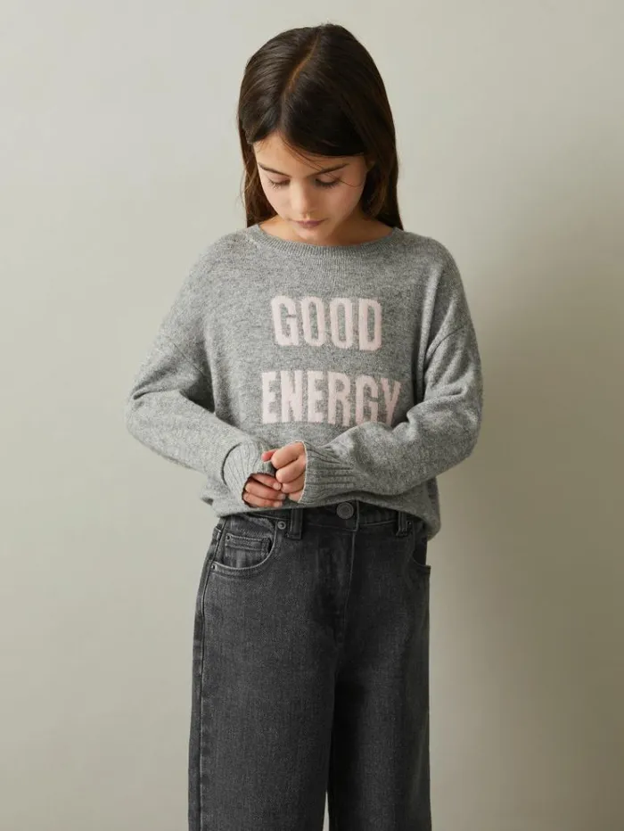 REISS Sweaters Children Wool Blend Crew Neck Slogan Jumper Grey