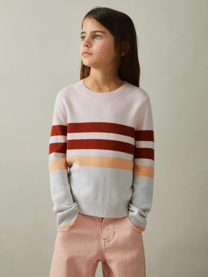 REISS Sweaters Children Wool Blend Striped Crew Neck Jumper Pink