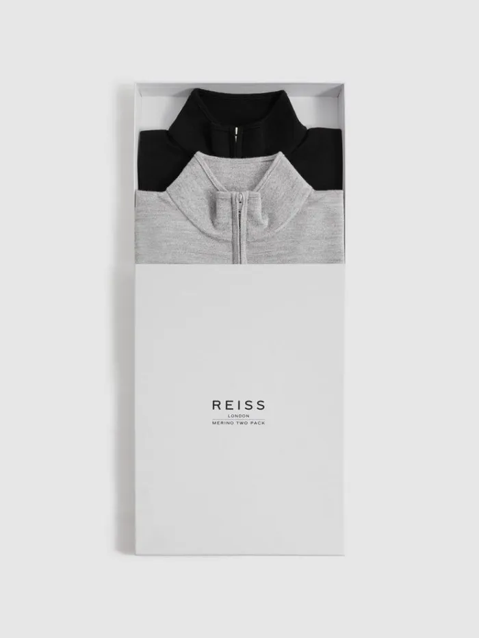 REISS Sweaters Men 2 Pack Of Merino Wool ZipNeck Jumpers Blacksoft Grey