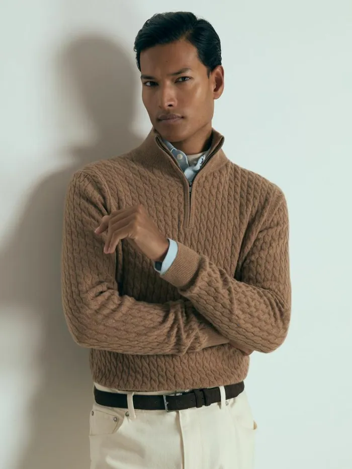 REISS Sweaters Men Atelier Cabled Cashmere Zip Neck Jumper Camel Melange