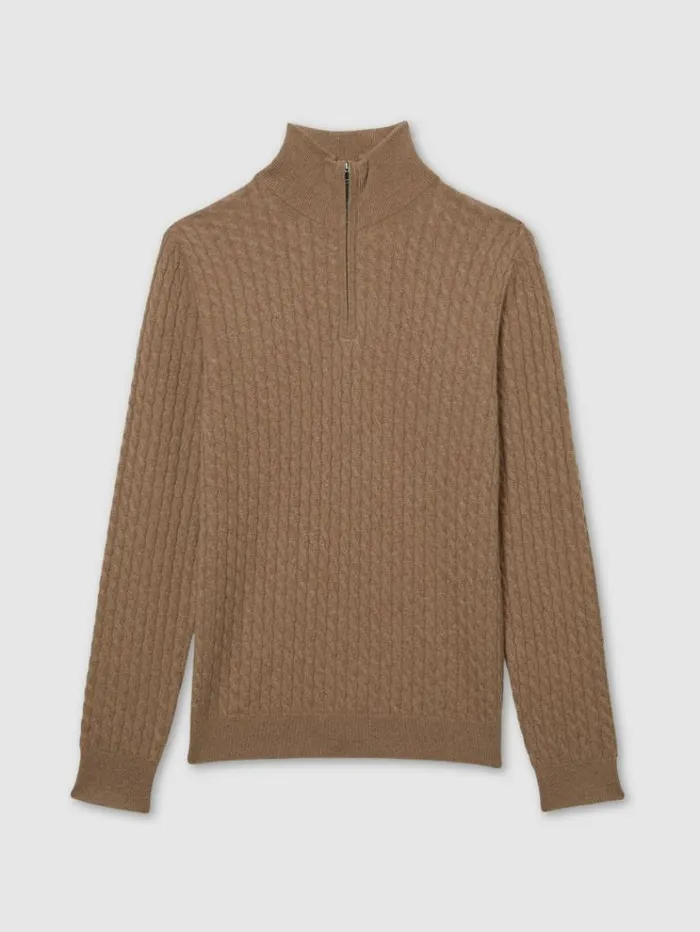 REISS Sweaters Men Atelier Cabled Cashmere Zip Neck Jumper Camel Melange