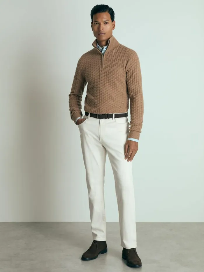 REISS Sweaters Men Atelier Cabled Cashmere Zip Neck Jumper Camel Melange