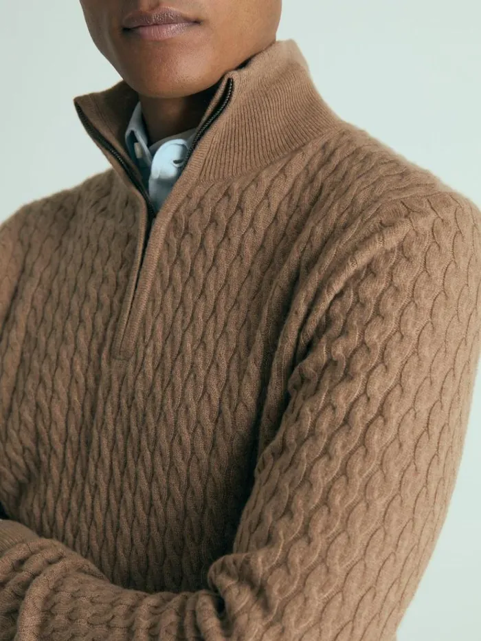 REISS Sweaters Men Atelier Cabled Cashmere Zip Neck Jumper Camel Melange
