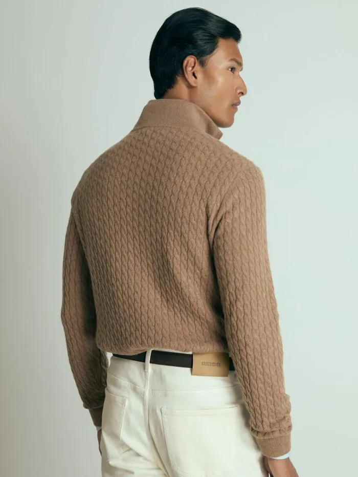 REISS Sweaters Men Atelier Cabled Cashmere Zip Neck Jumper Camel Melange