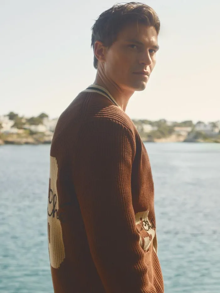 REISS Sweaters Men Ch Embroidered Varsity Cardigan Tobacco Brown