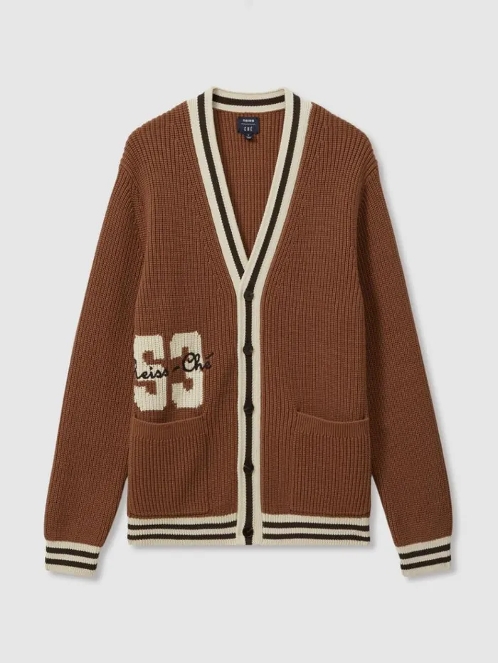 REISS Sweaters Men Ch Embroidered Varsity Cardigan Tobacco Brown