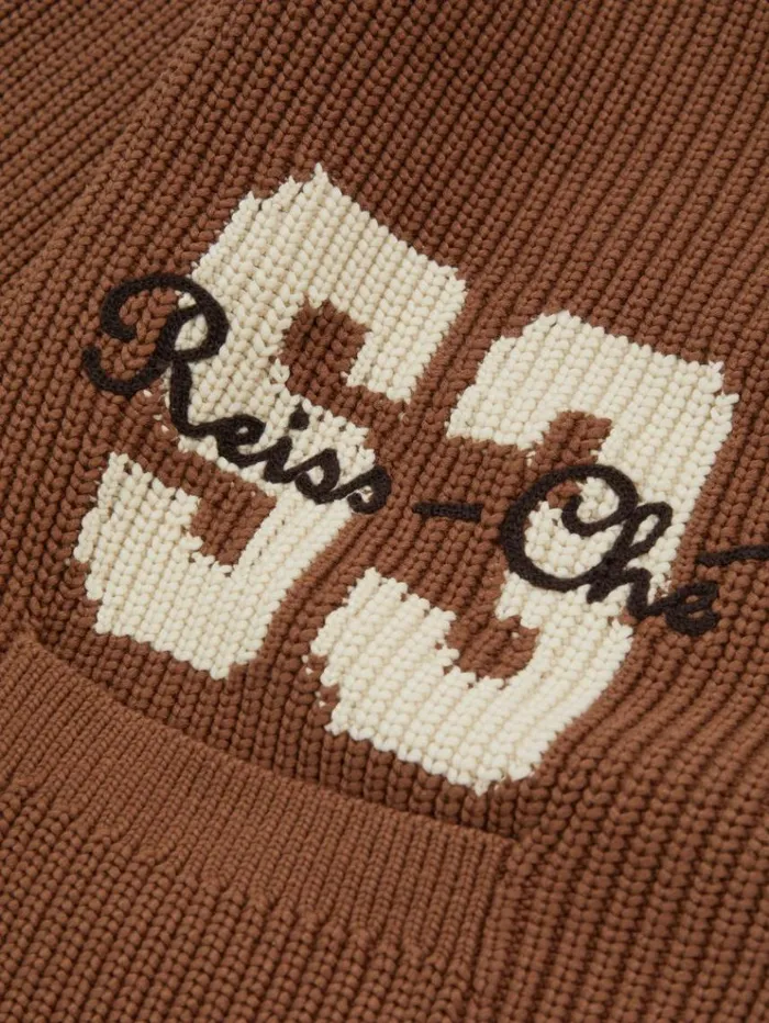 REISS Sweaters Men Ch Embroidered Varsity Cardigan Tobacco Brown