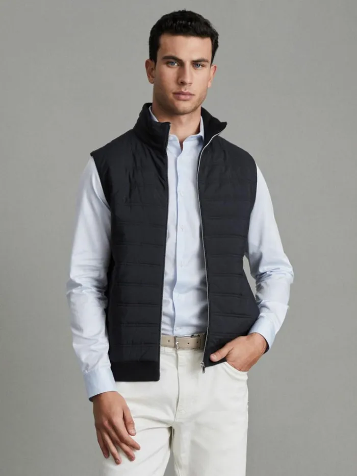 REISS Sweaters Men Hybrid Quilt And Knit ZipThrough Gilet Navy