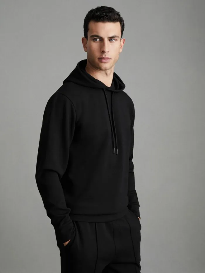 REISS Sweaters Men Interlock Jersey Hoodie Black