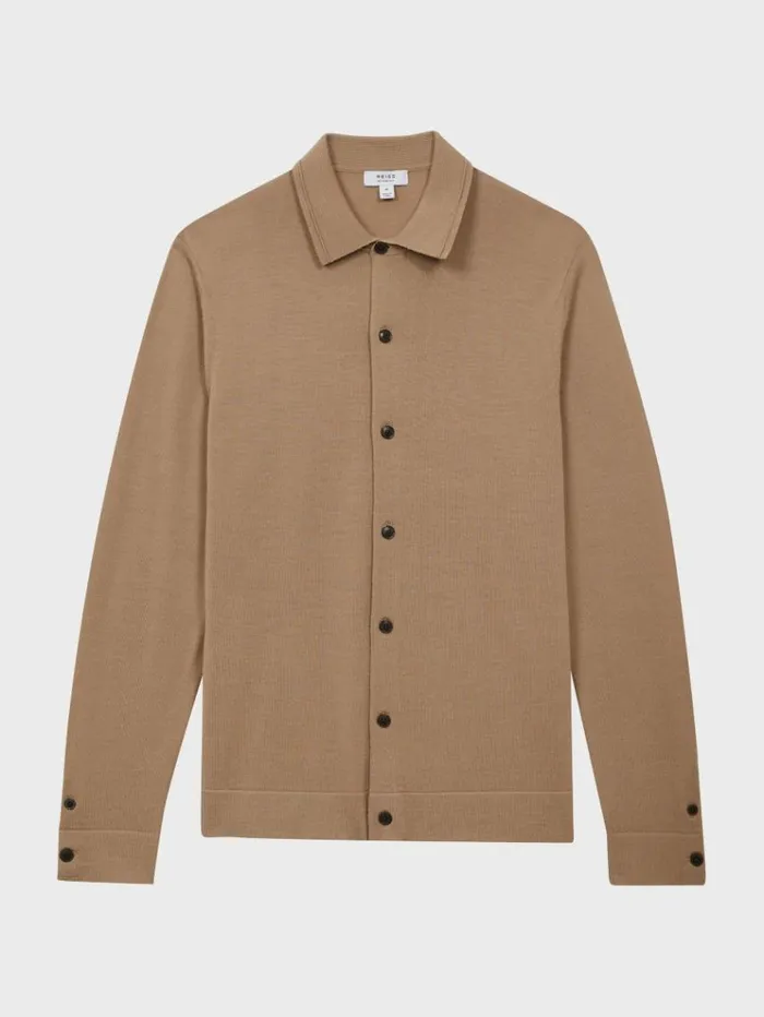 REISS Sweaters Men Merino Wool ButtonThrough Cardigan Camel