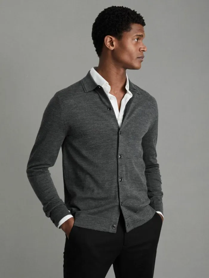 REISS Sweaters Men Merino Wool ButtonThrough Cardigan Derby Grey Marl
