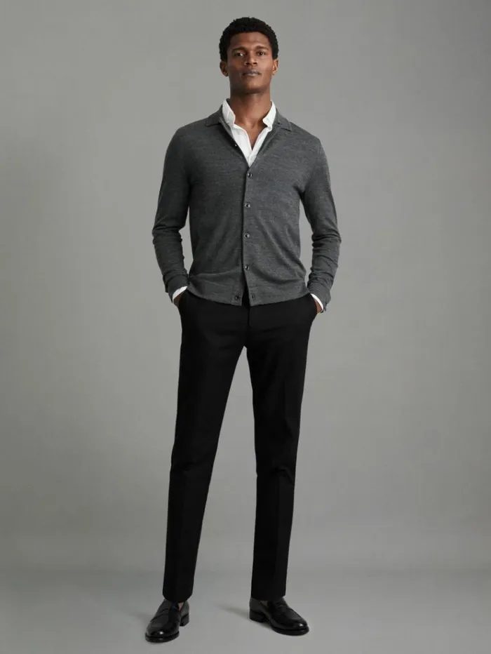 REISS Sweaters Men Merino Wool ButtonThrough Cardigan Derby Grey Marl