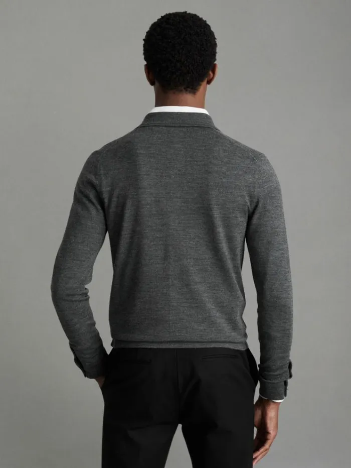 REISS Sweaters Men Merino Wool ButtonThrough Cardigan Derby Grey Marl