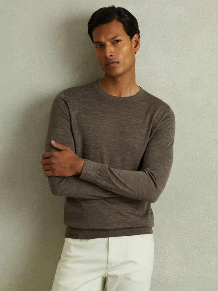 REISS Sweaters Men Merino Wool Crew Neck Jumper Dark Brown Melange