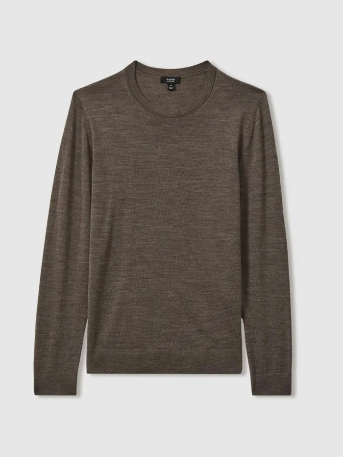 REISS Sweaters Men Merino Wool Crew Neck Jumper Dark Brown Melange