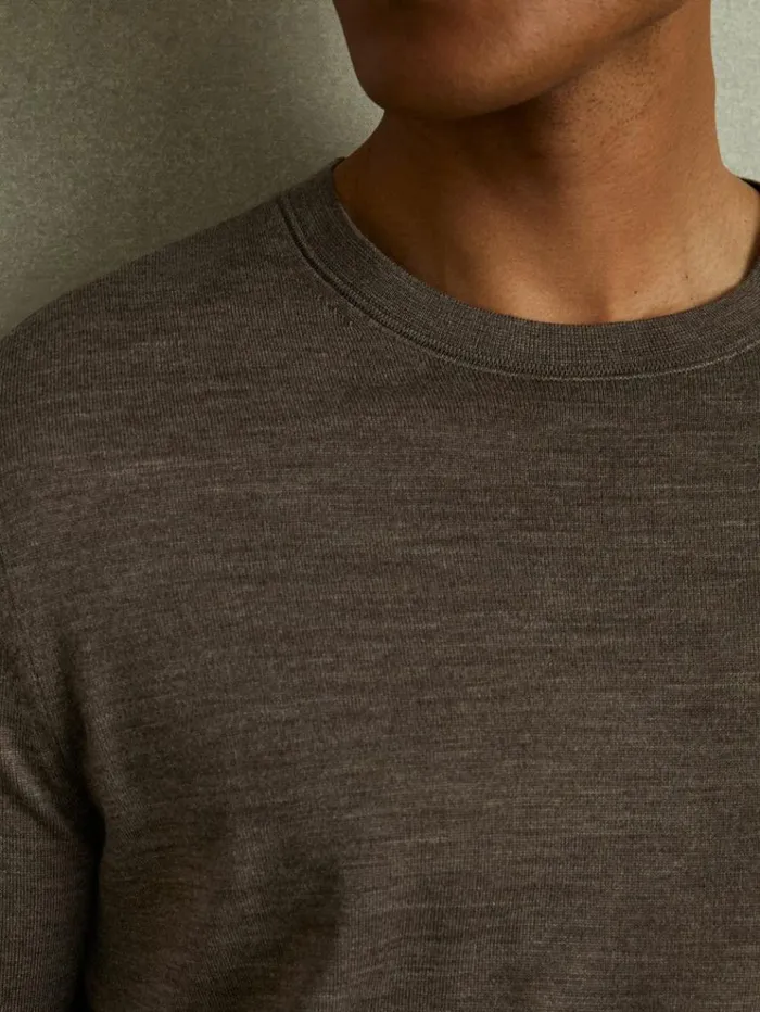 REISS Sweaters Men Merino Wool Crew Neck Jumper Dark Brown Melange