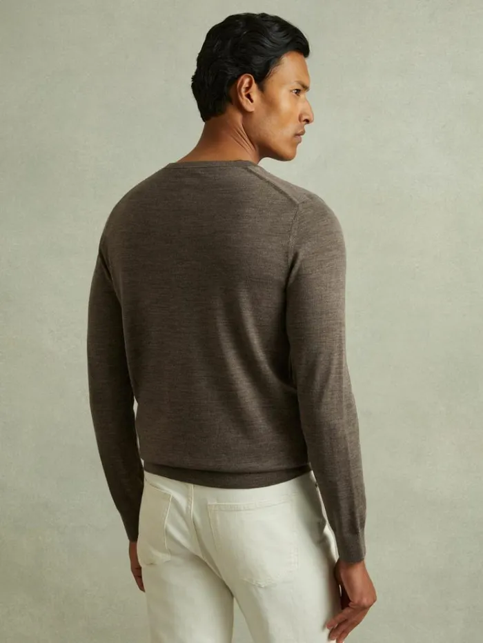 REISS Sweaters Men Merino Wool Crew Neck Jumper Dark Brown Melange
