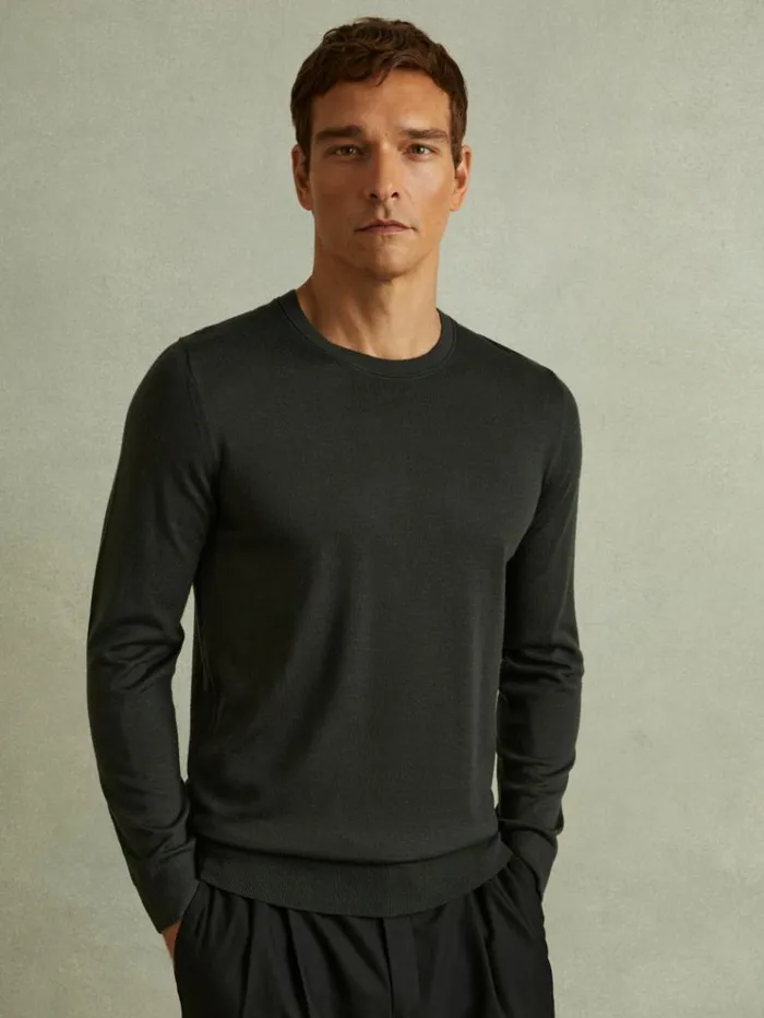 REISS Sweaters Men Merino Wool Crew Neck Jumper Dark Military Green