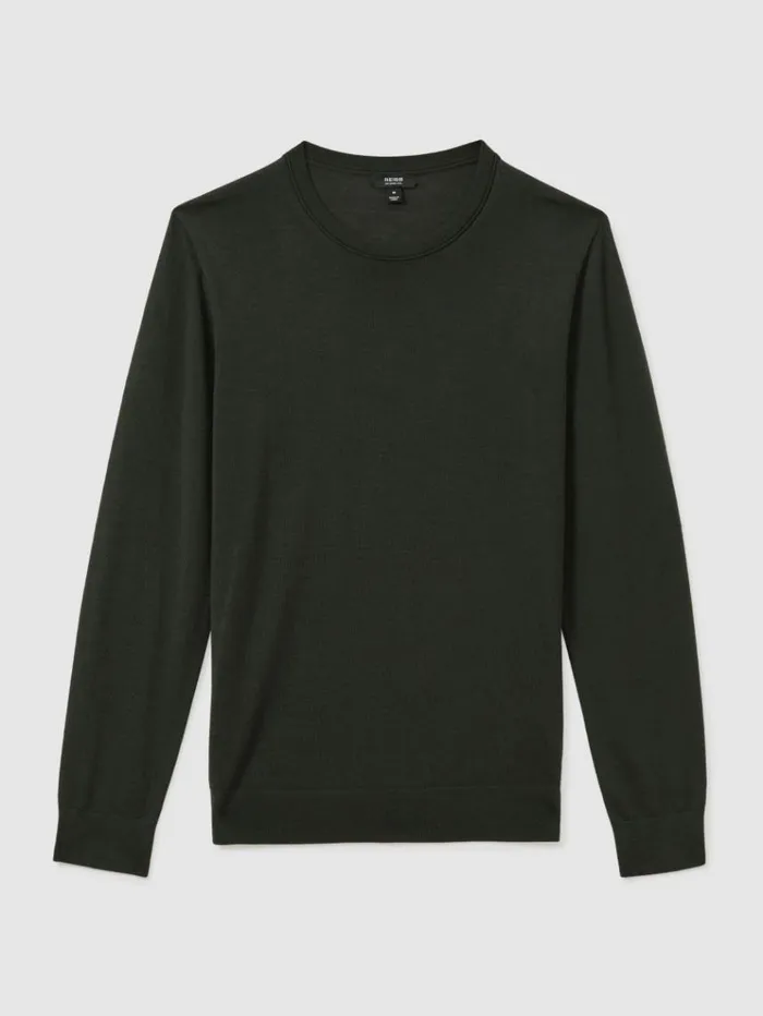 REISS Sweaters Men Merino Wool Crew Neck Jumper Dark Military Green