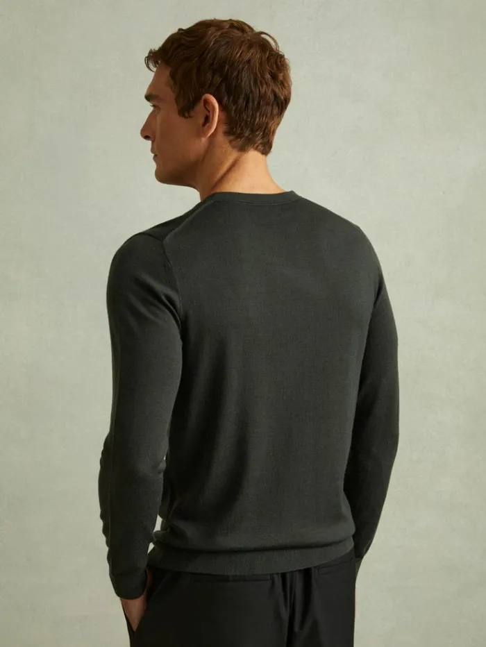 REISS Sweaters Men Merino Wool Crew Neck Jumper Dark Military Green