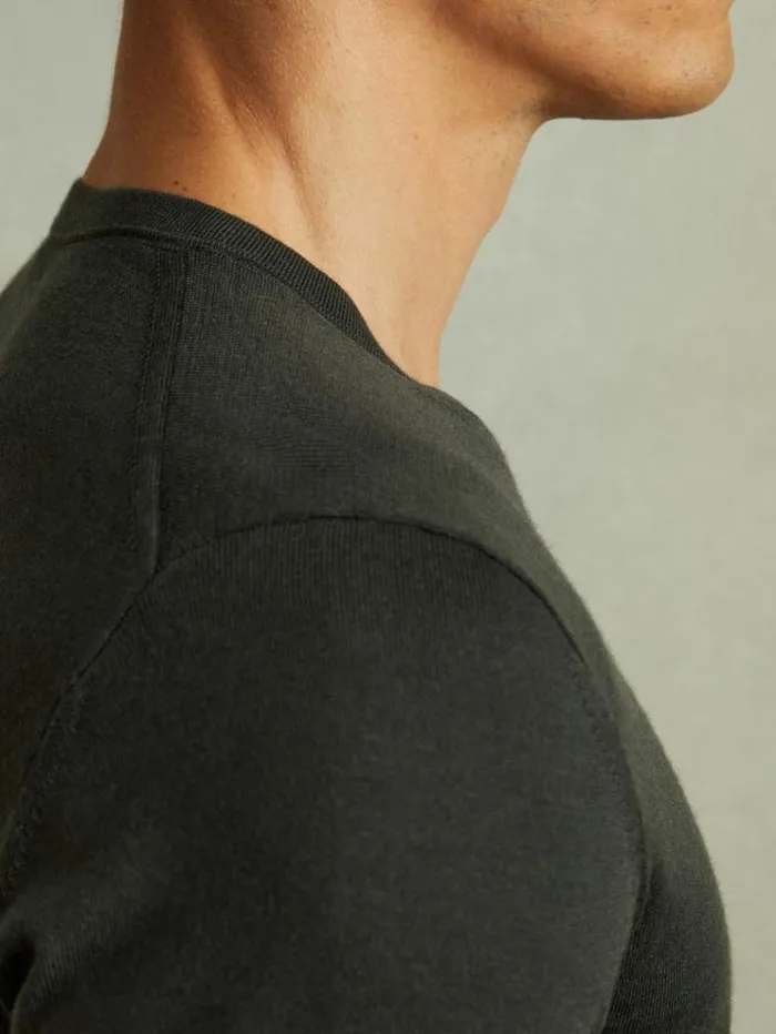 REISS Sweaters Men Merino Wool Crew Neck Jumper Dark Military Green